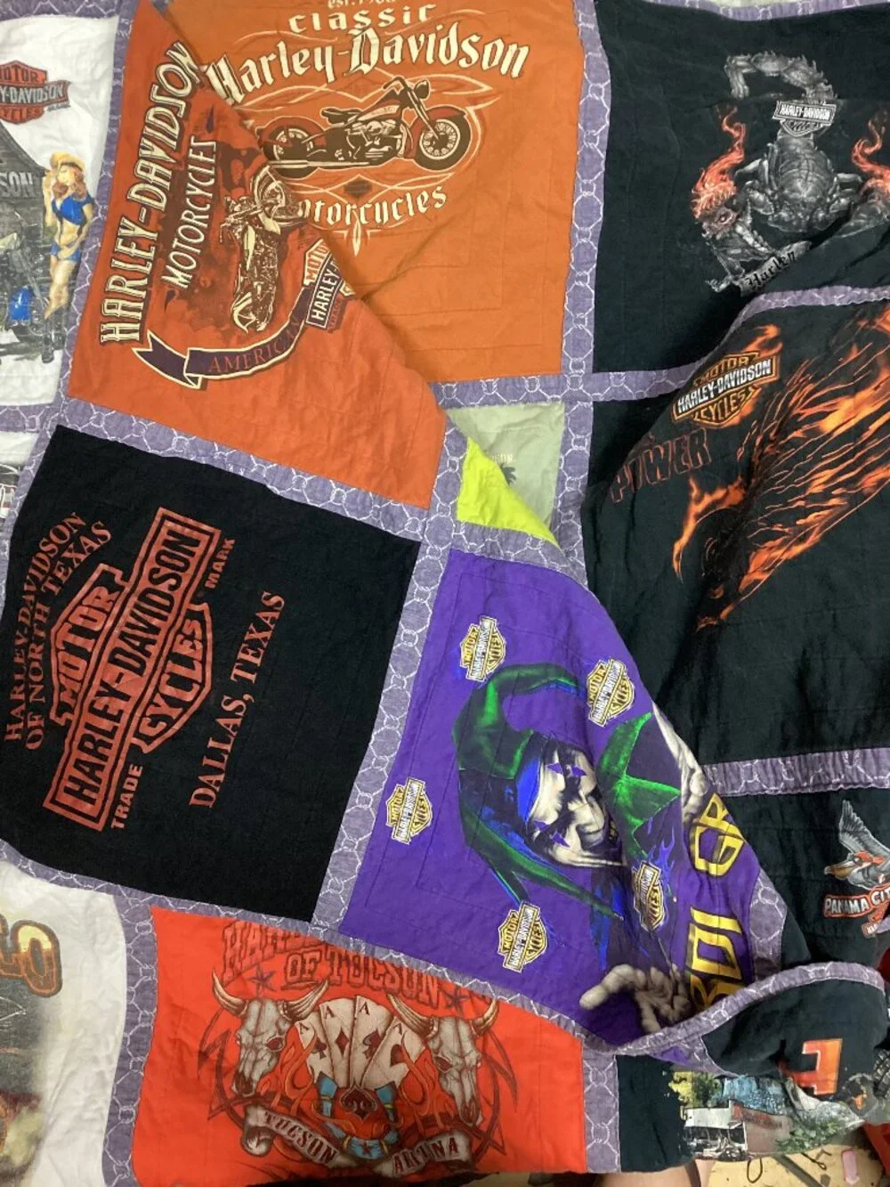 Harley Davidson Tee Shirt Quilt & 4 Pillow Cases 60+ t-shirts Double Sided